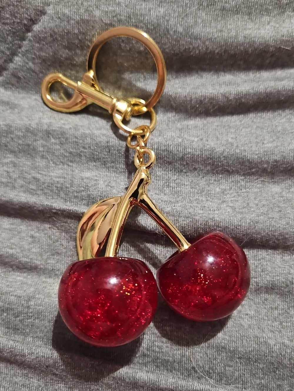 Gold Cherry Keychain Or Bag Charm with Sparkling Red Cherries NWOT